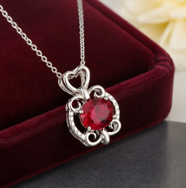 1.0Ct Sparkling Round Cut Simulated Ruby Heart Pendant–925 White Sterling Silver