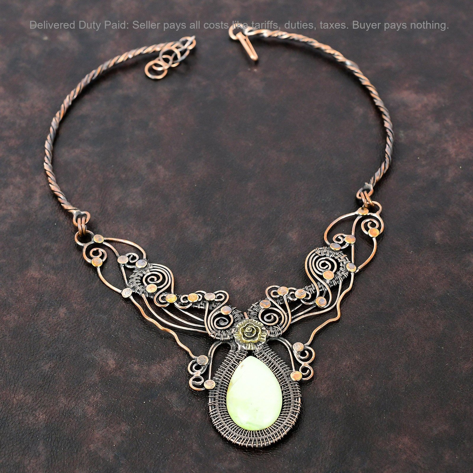 Copper Lemon Chrysoprase Gemstone Chain Wire Wrapped Flower New Necklace Jewelry