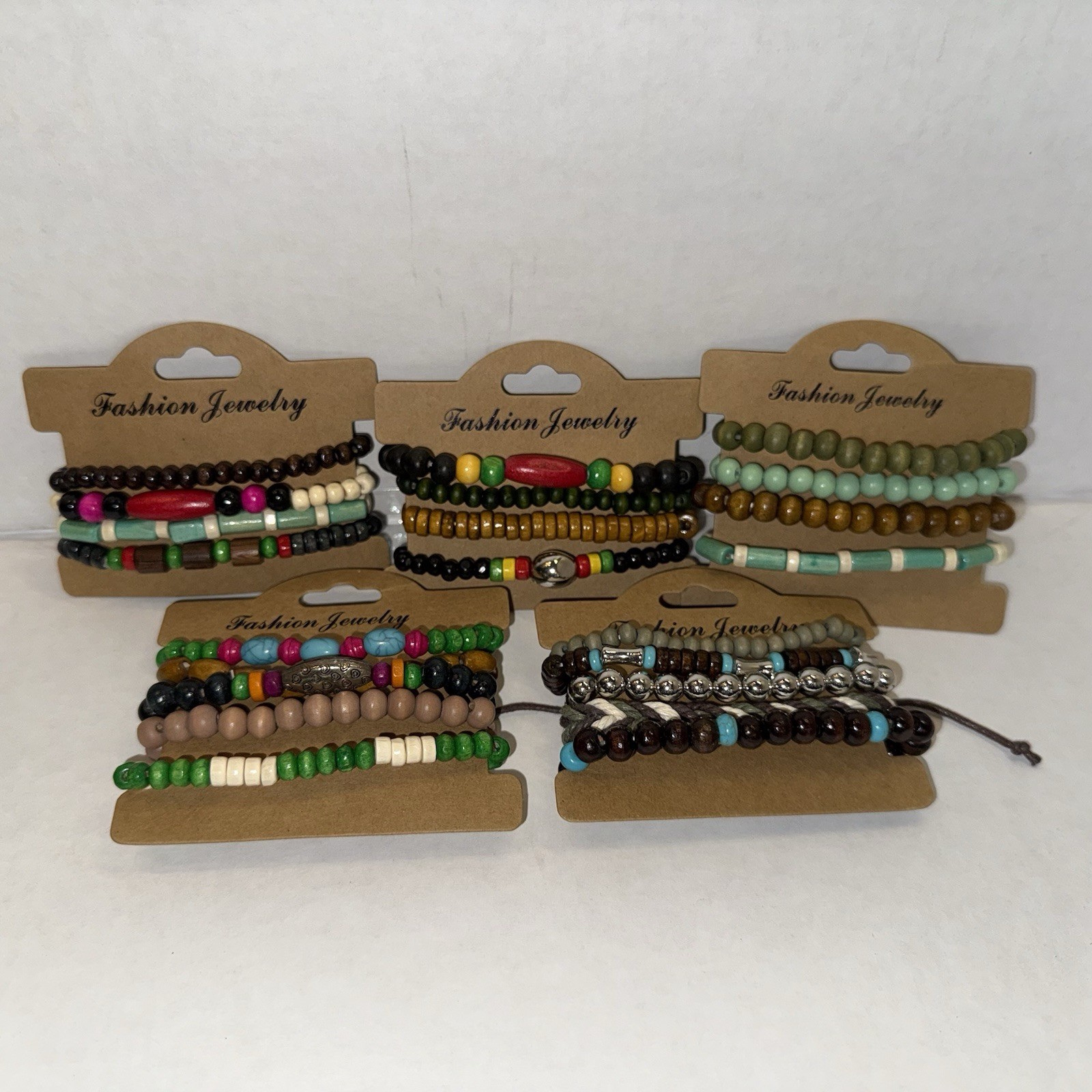 22 Multicolor Beaded Stackable Stretch Slip-On Bracelet Set Wood Metal Cord