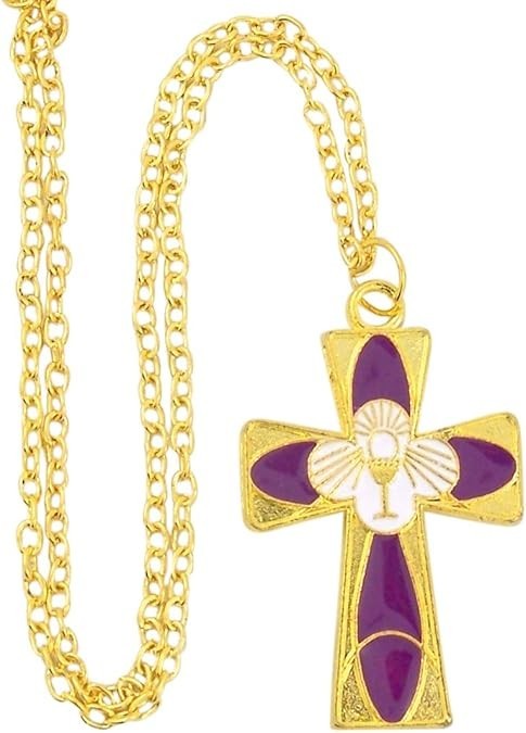 Gold Tone First Communion Cross Pendant Necklace Purple Enamel 3pk