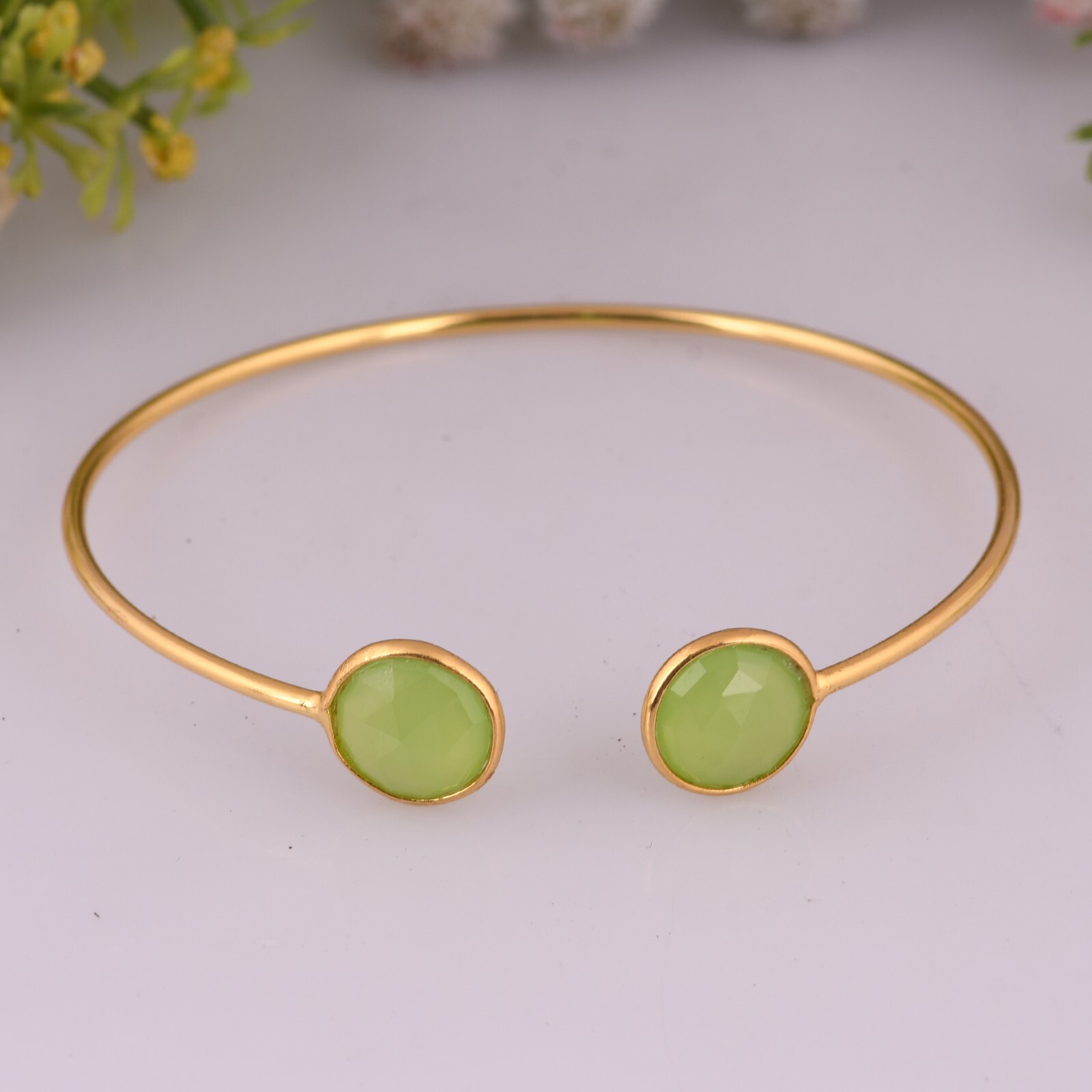 Gemstone Open Bangle Gold Plated Adjustable Cuff Bracelet With Green Prehnite