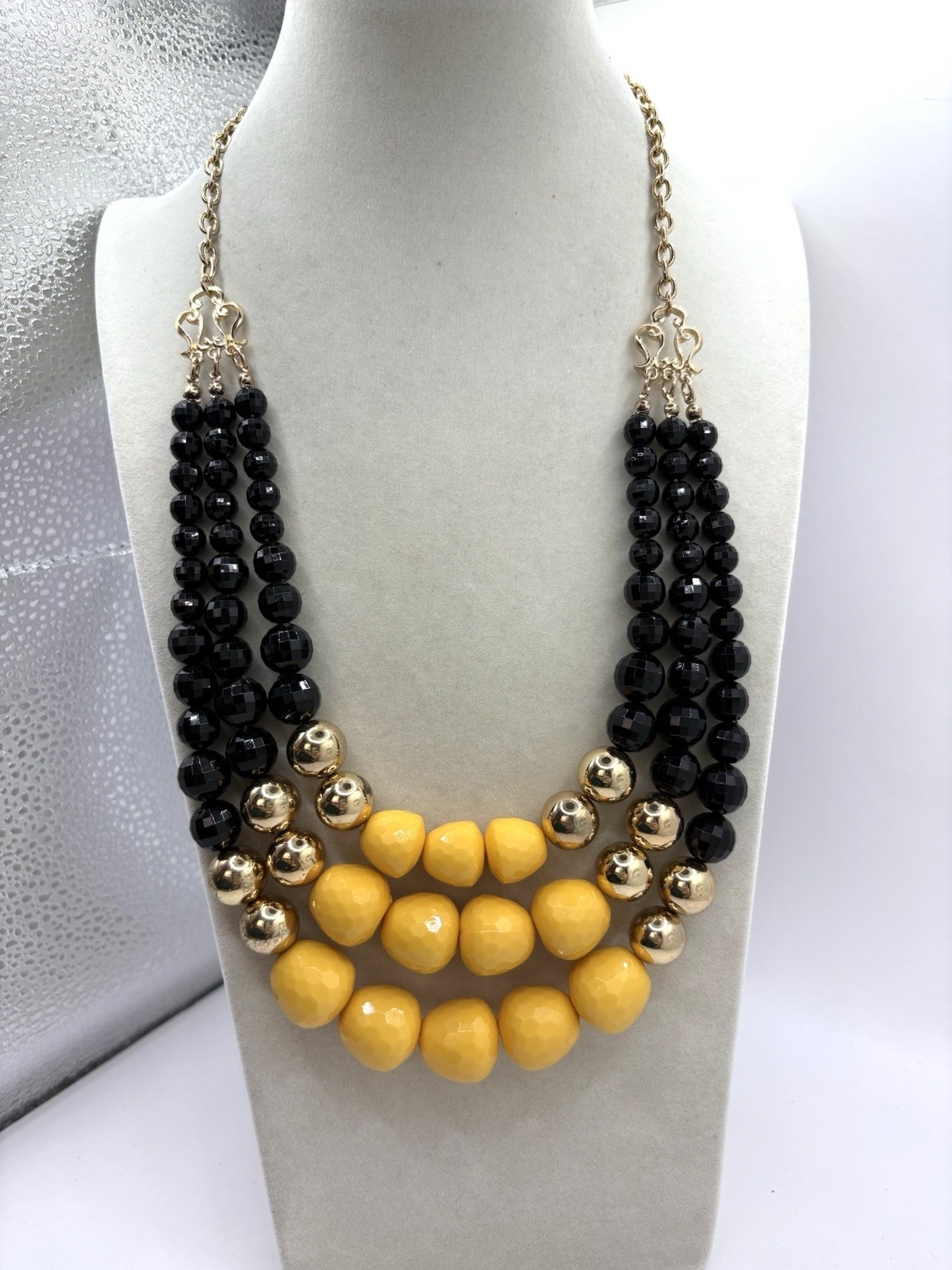 Black, Gold & Bright Yellow Layered Beaded Necklace