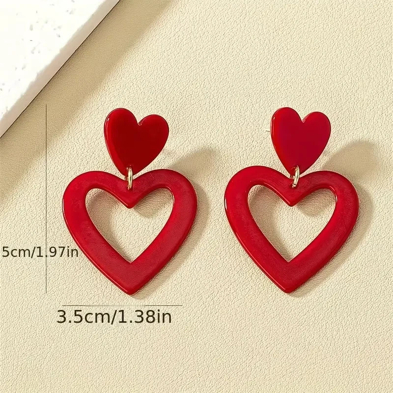 NWT Womens Dangle Earrings Red Open Heart Glossy Statement Fashion