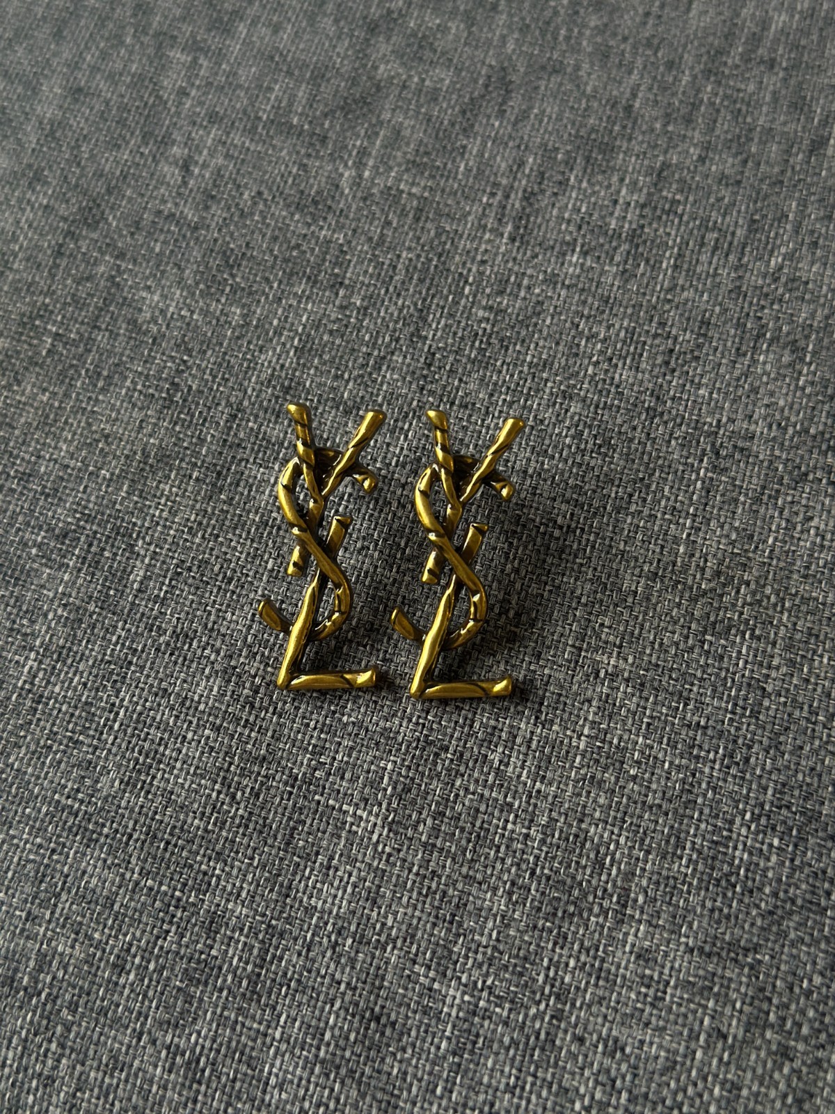 Saint Laurent YSL Monogram Logo Stud Earrings Gold Tone Statement Jewelry