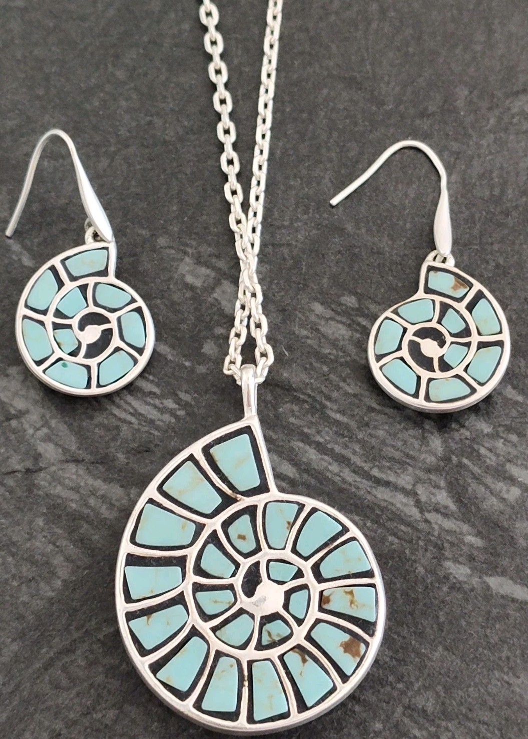 Lucky Brand Silver Tone Stone Inlay Nautilus Shell Necklace And Earring Set