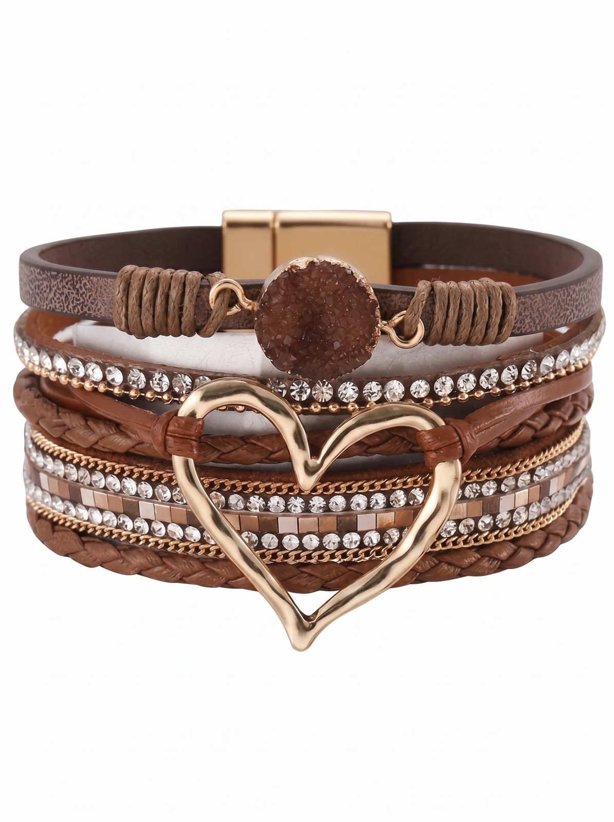 Romantic Boho Heart Wrap Bracelet – Coffee Brown Multi-Strand Leather w/ Stone