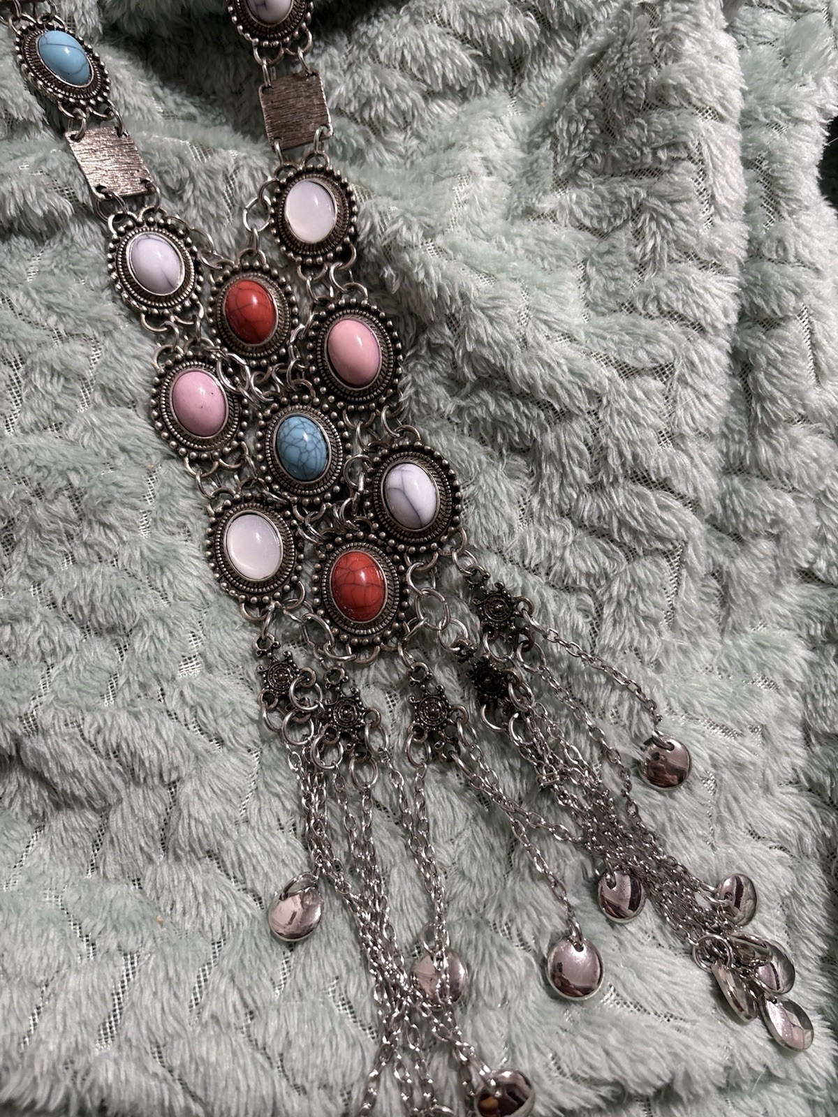 Silver-Tone Multicolor Oval Cabochon Bezel Fringe Statement Necklace Curb Link
