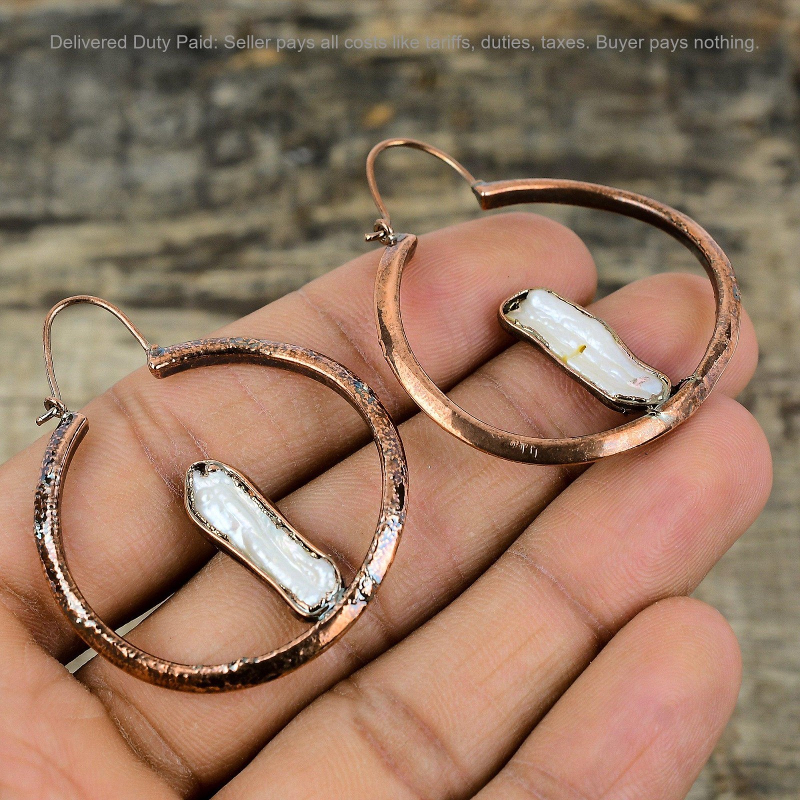 Biwa Pearl Gemstone Electroformed Boho Dangle Ethnic Handcrafted Earrings Copper
