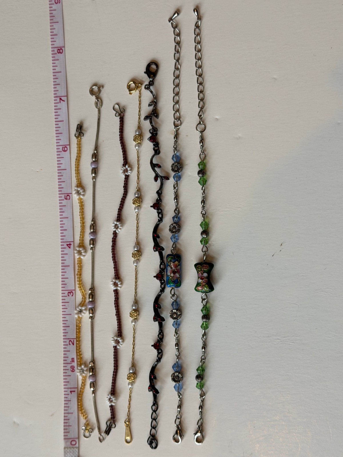 Lot of 7 Thin, Delicate Floral Bead Bracelets, from 6.5″ to 8.5″,