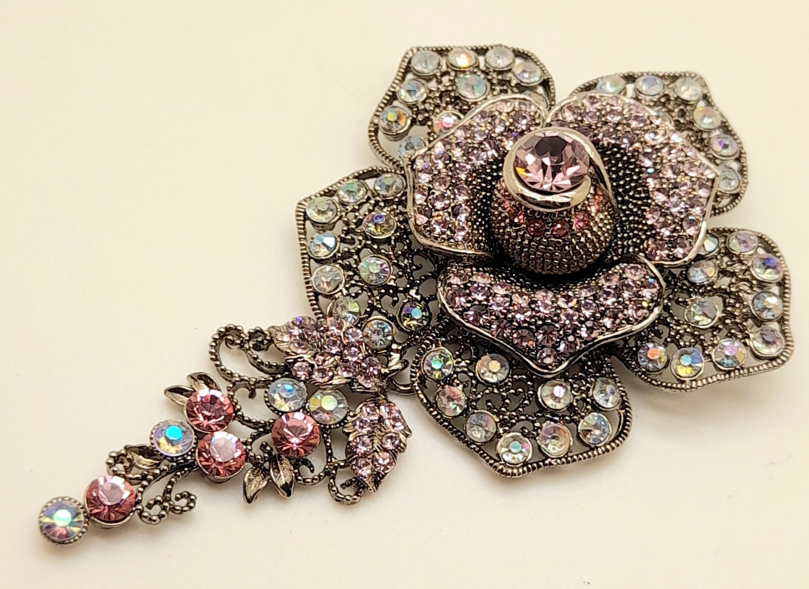 P001 Wide pink & clear ab Rose Flower Rhinestone Jewelry pendant/brooch party