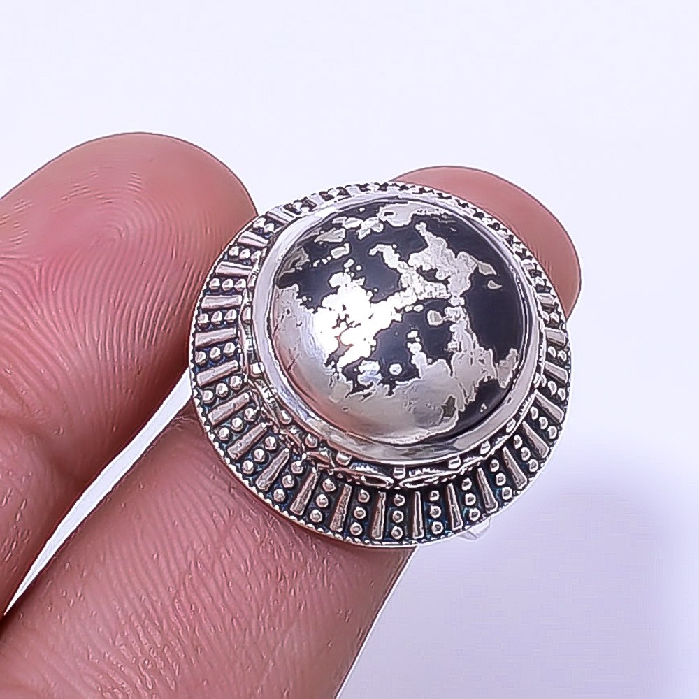 Healer’S Gold Pyrite In Magnetite Fine Art Oxidised Gemstone 925 Silver Ring 7 R