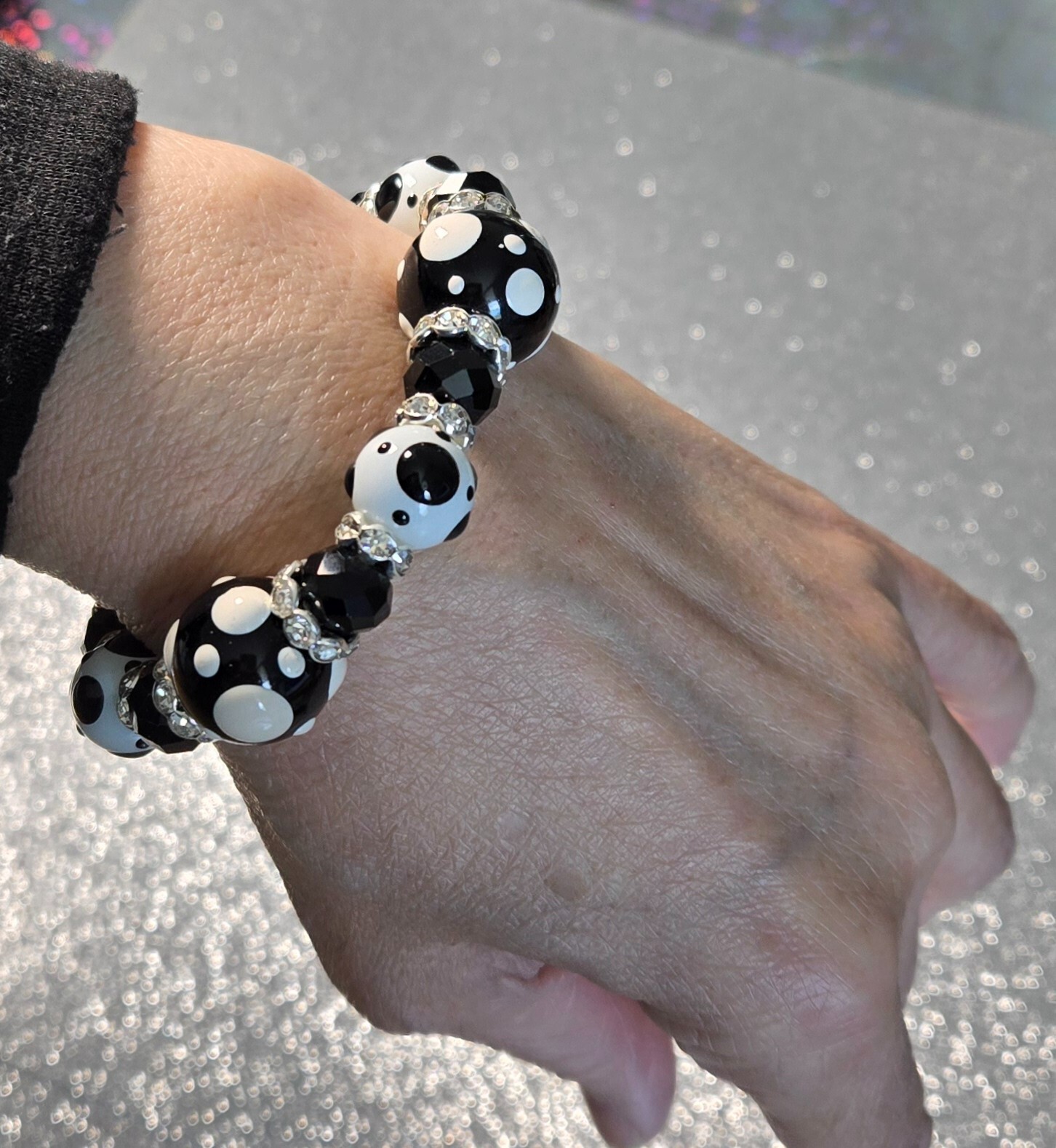 Polka Dot Bracelet Earring set Black Classic Bracelet for Women Beaded Stretch