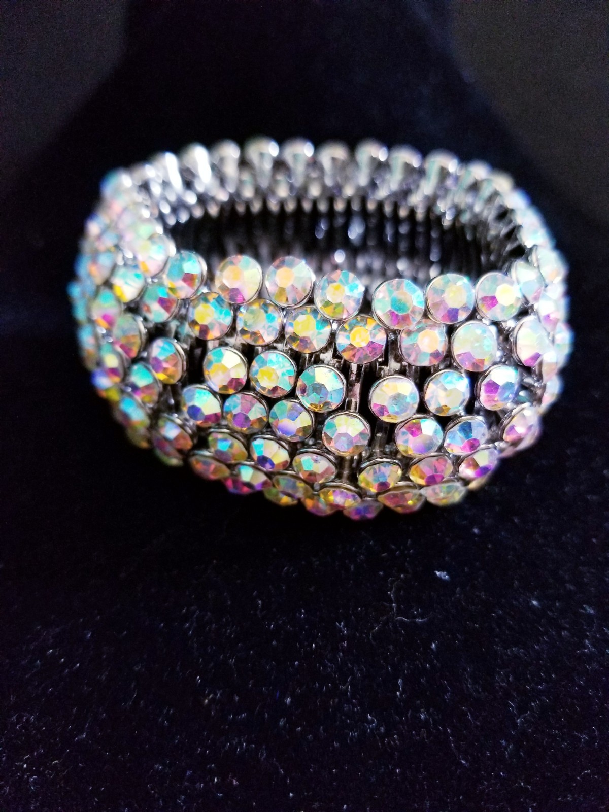 Iridescent Silver Rhinestone Stretch Bracelet Crystal Pageant Prom Drag Jewelry