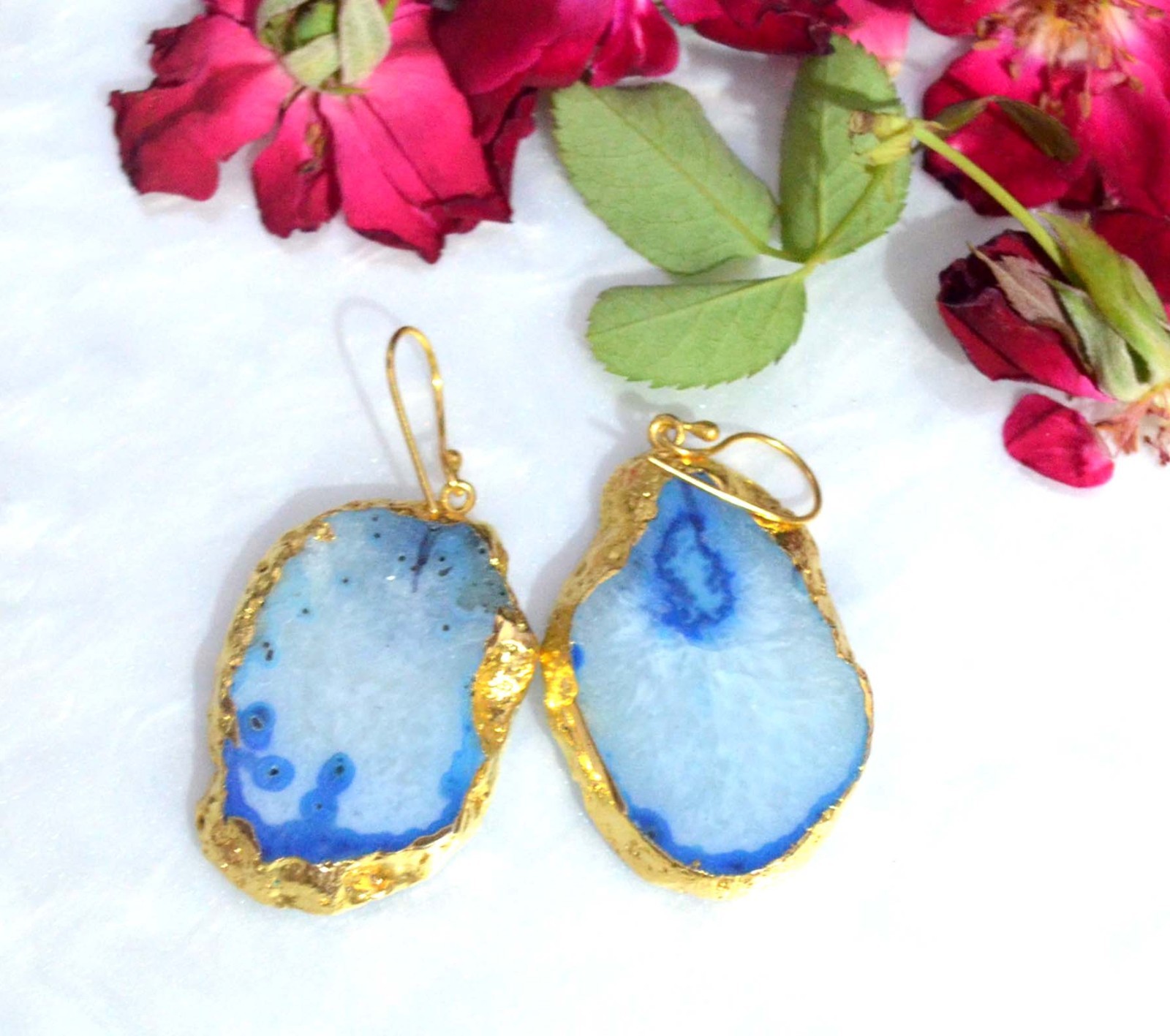 71 Cts. Sea Blue Natural Dyed Electroplated Druzy Agate Earrings Jewelry-S25