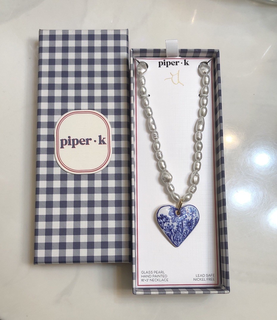 Piper K Glass Pearl Necklace Hand Painted Blue & White Floral Heart Pendant NIB