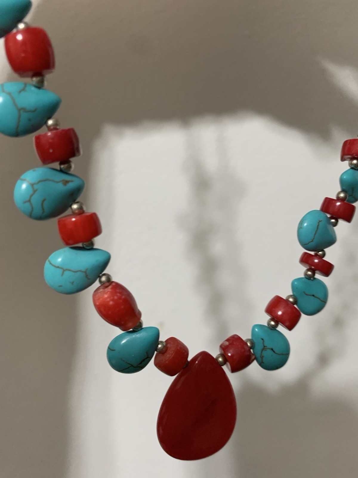 Turquoise And Red Bead Silver Tone Necklace With A Large Red Hanging Stone, 18”