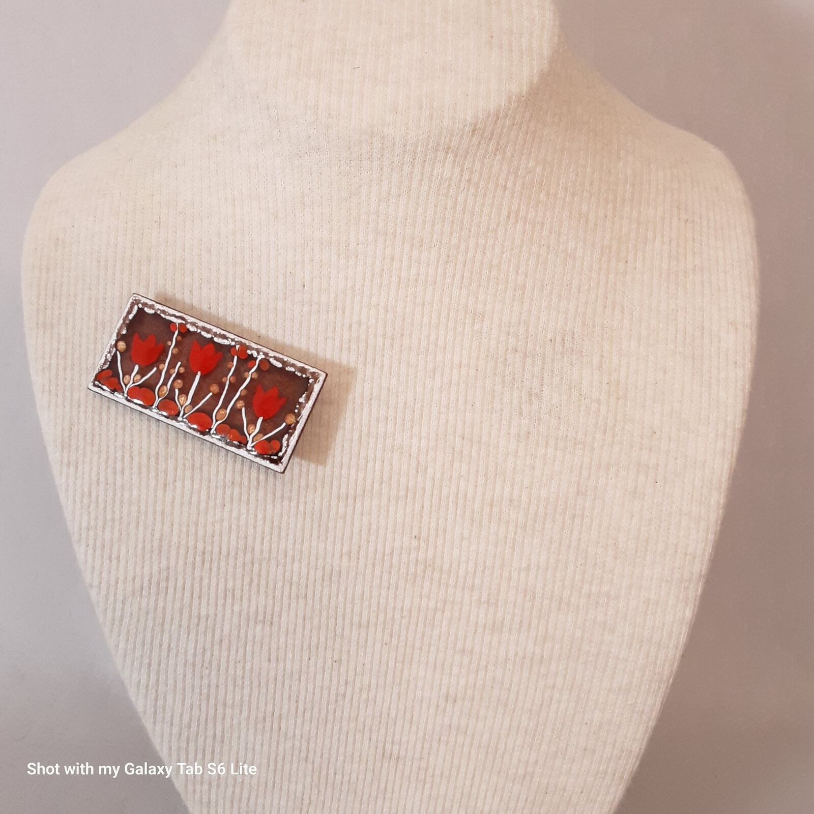 Red Tulips Brooch Textured Enamel Painted Ceramic