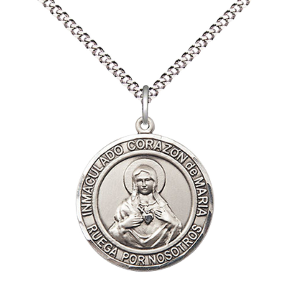 Pewter Large Corazon Inmaculado de Maria Medal Pendant 18″ Lobster Claw Necklace
