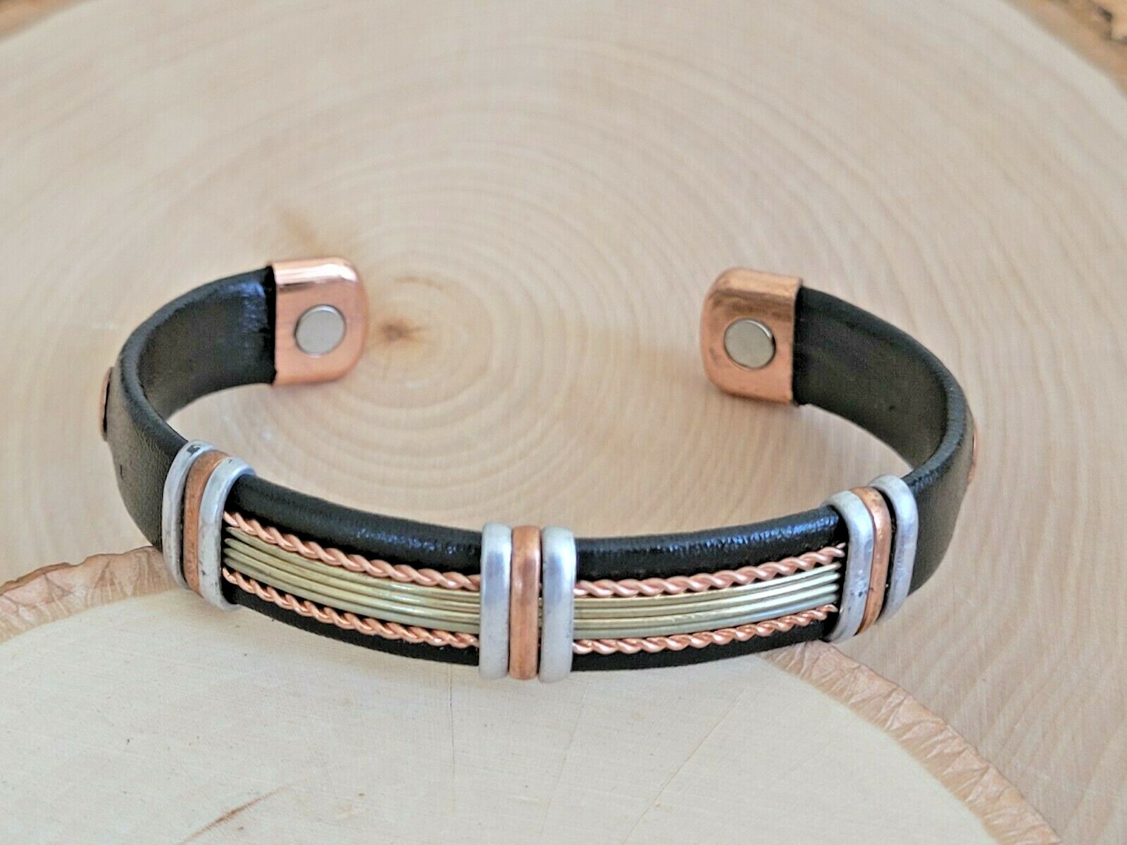Solid Copper Leather Wrapped Magnetic Bracelet Energy Pain Brass Wire