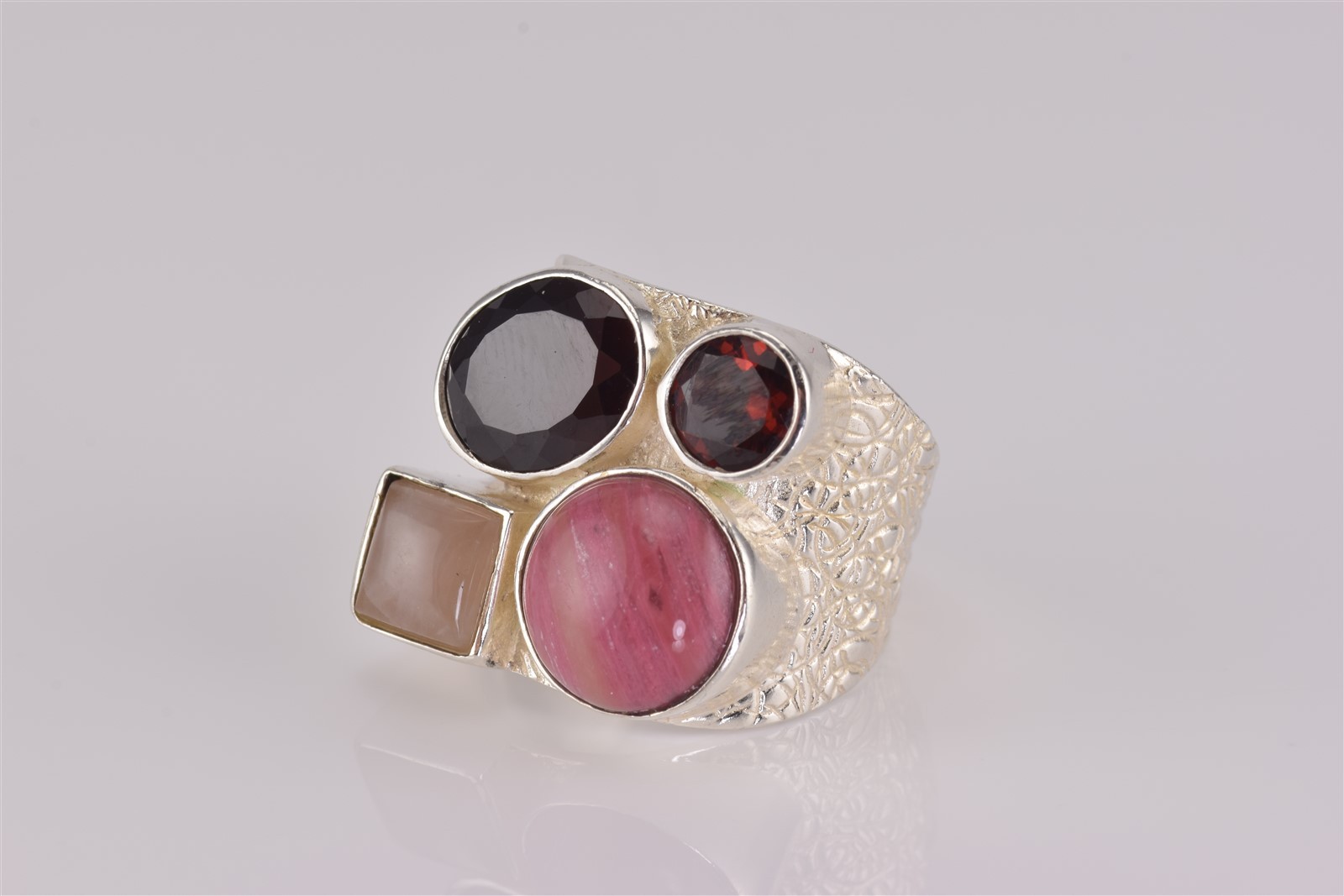 DTR Sterling Silver Rhodochrosite Garnet Quartz Textured Band Ring 925 Sz: 10