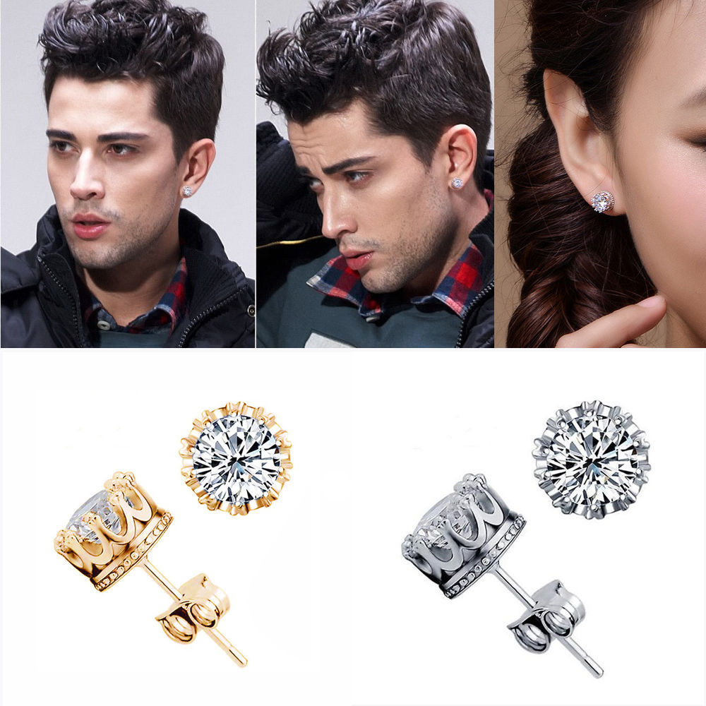 6/8/10mm Men Women Sterling Silver Post Stud Crown Cubic Zirconia Earrings Gift