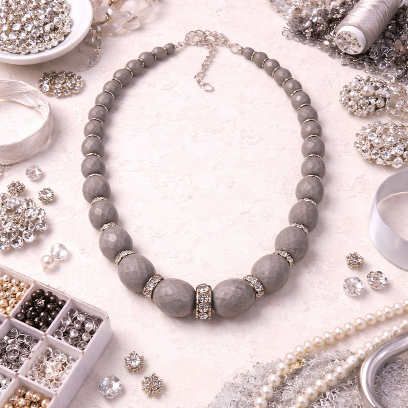 Faceted Gray Lucite and Rhinestone Graduated Beads