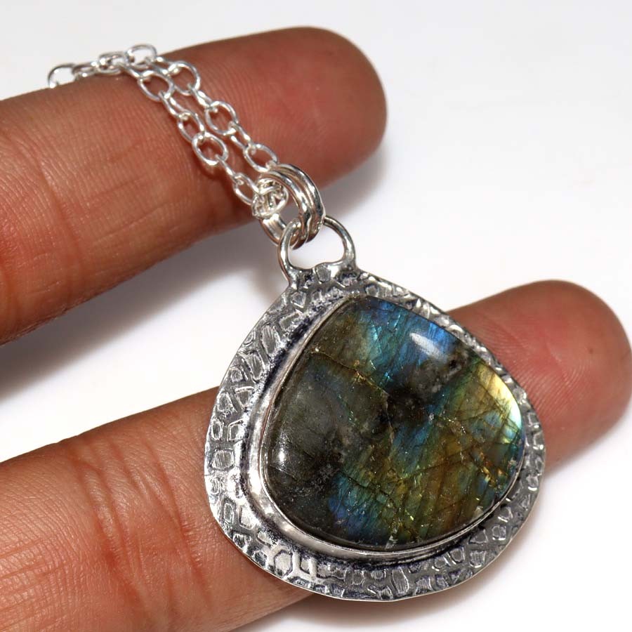 925 Silver Plated Fiery Labradorite Necklace 18″ Huge Fast-Selling Gift GW