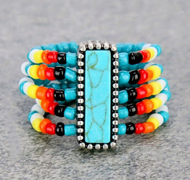 Multicolor Beaded Stretch Bracelet Stackable w/ Turquoise Rectangle Bezel Stone