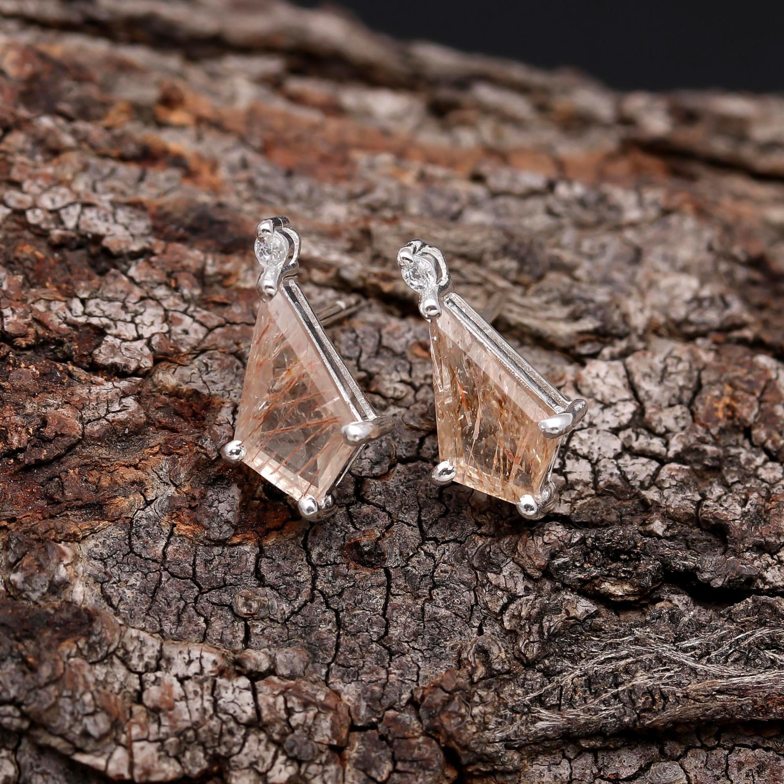 Natural Copper Rutile Kite Stud Earrings 925 Sterling Silver Minimalist Jewelry