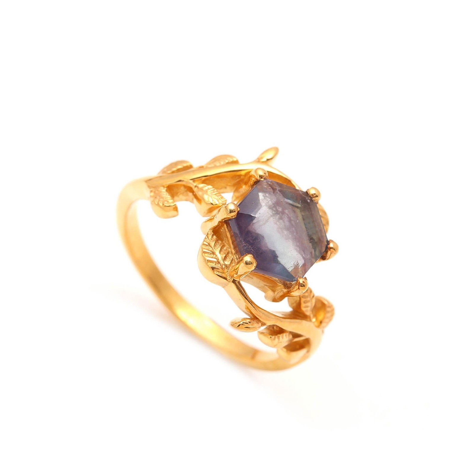 Natural Rainbow Fluorite Hexagon Leaf Ring 925 Sterling Silver Gold Fill Jewelry