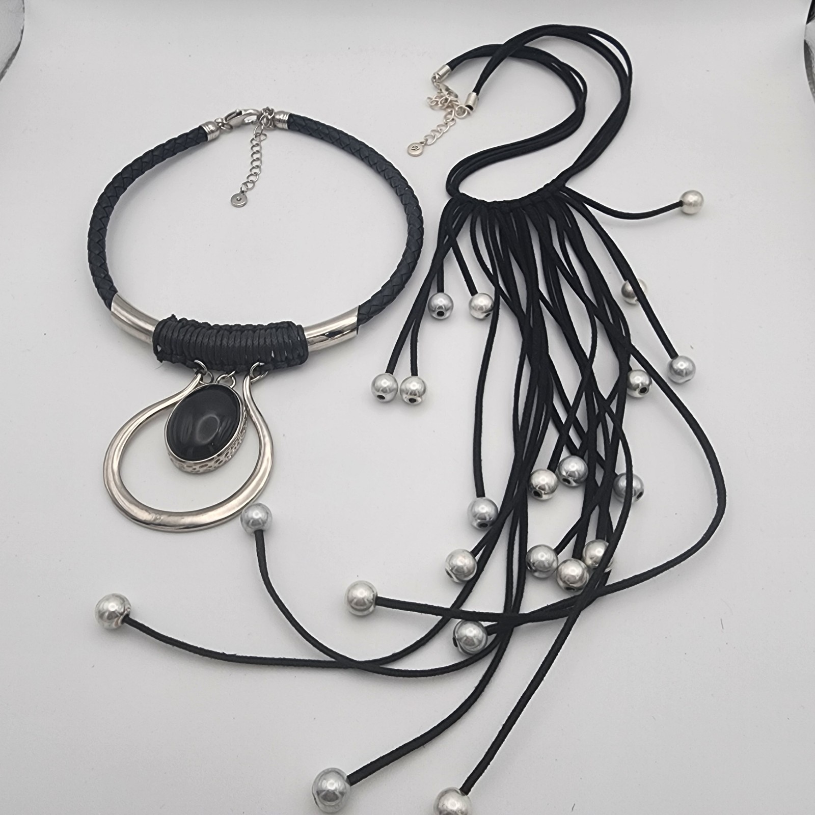 Versona Statement Necklace Lot Black Cabochon Collar Faux Suede Fringe Tassel