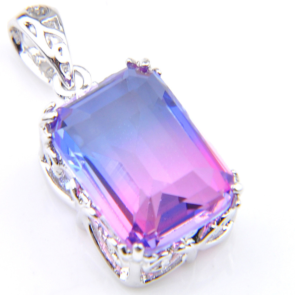 New Rectangle Watermelon Bi Colored Tourmaline Gemstone Silver Necklace Pendants