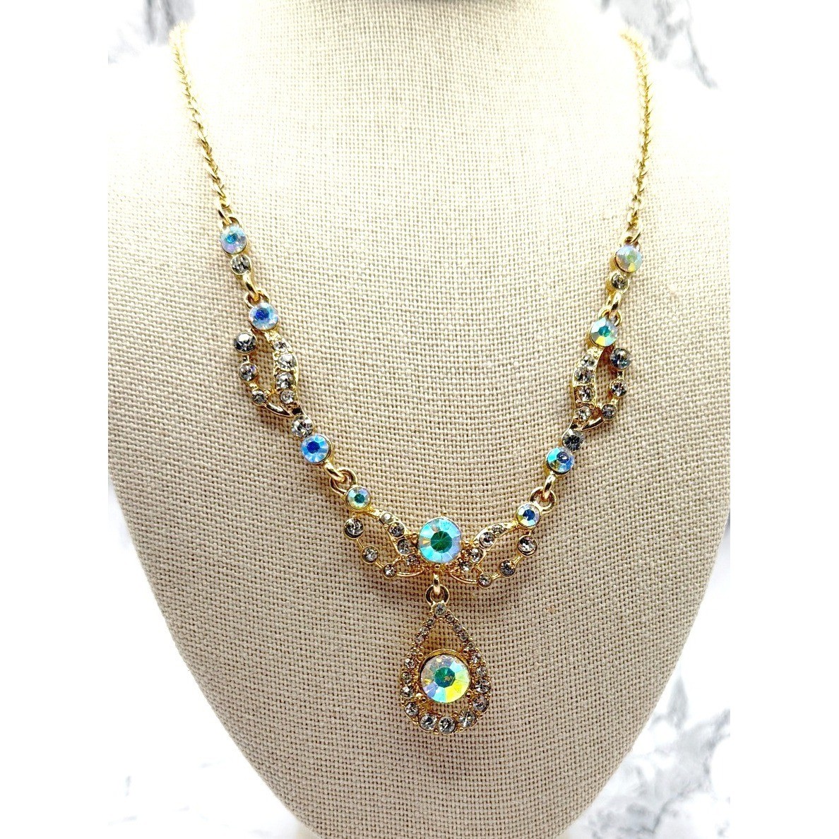 Gold AB Rhinestone Bib Necklace Vintage Style Statement Drop 16-19″ Prom