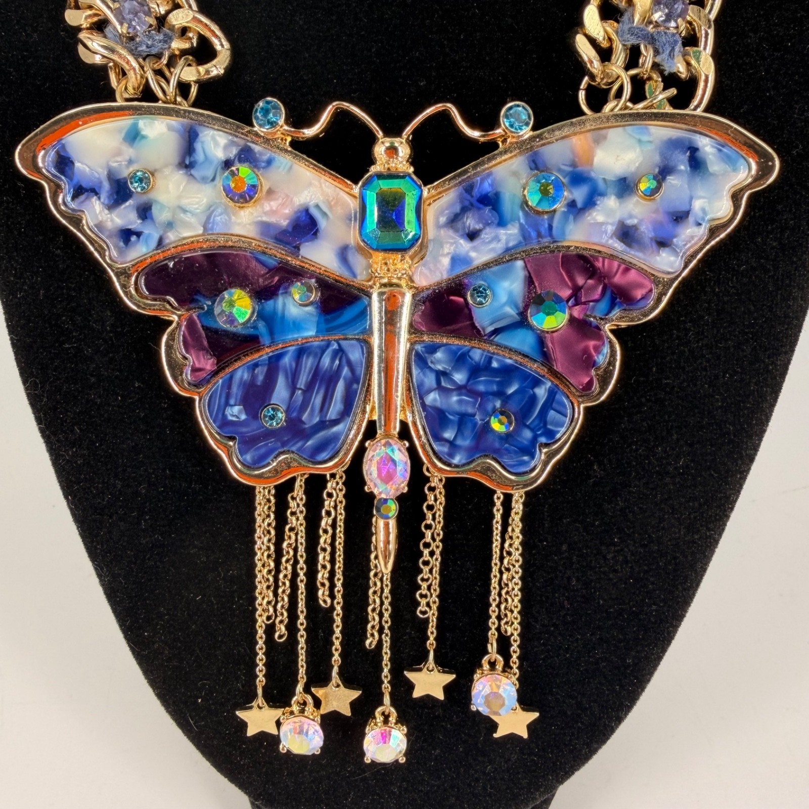 Betsey Johnson Blue Purple Butterfly Statement Necklace Gold Tone Star Charms