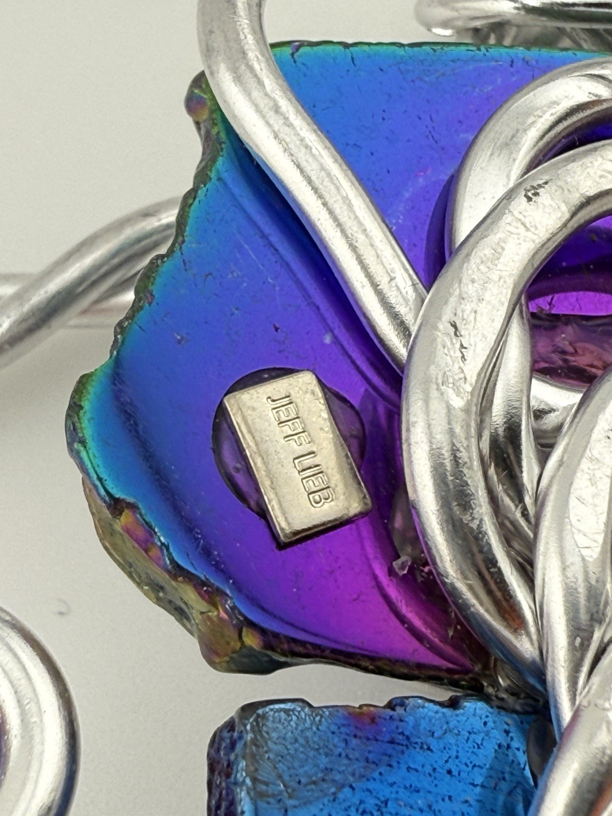 JEFF LIEB SILVERTONE BLUE & PURPLE MODERNIST PENDANT 16” NECKLACE K580C