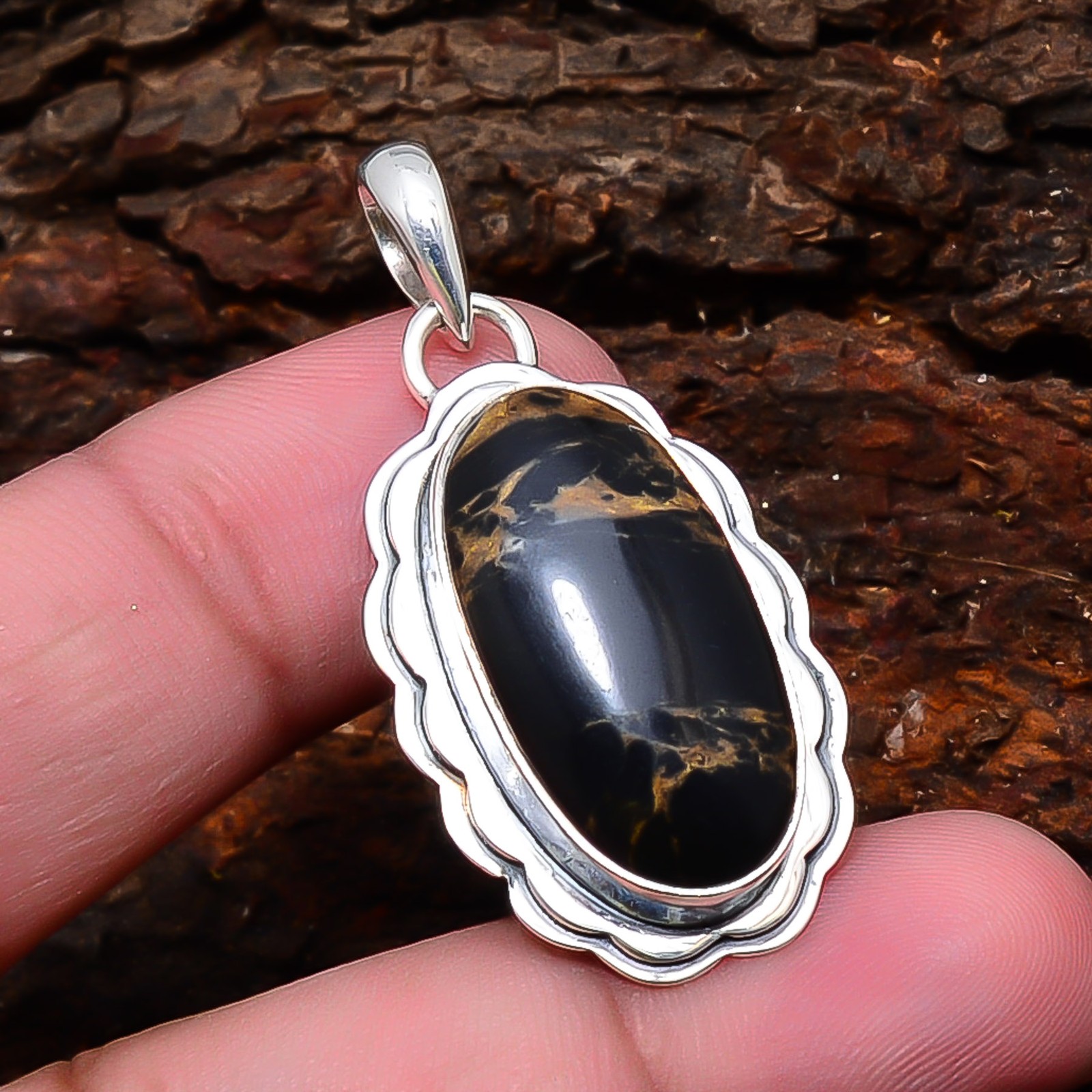 Copper Black Turquoise Gemstone 925 Sterling Silver Pendant 1.65″ P10890123812