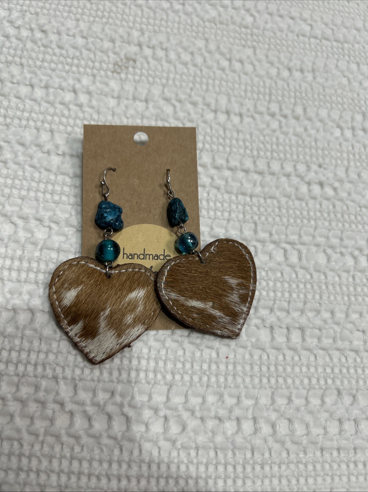 Faux Cowhide & Turquoise Dangle Earrings Handmade 2.5” Heart Nickle Free New