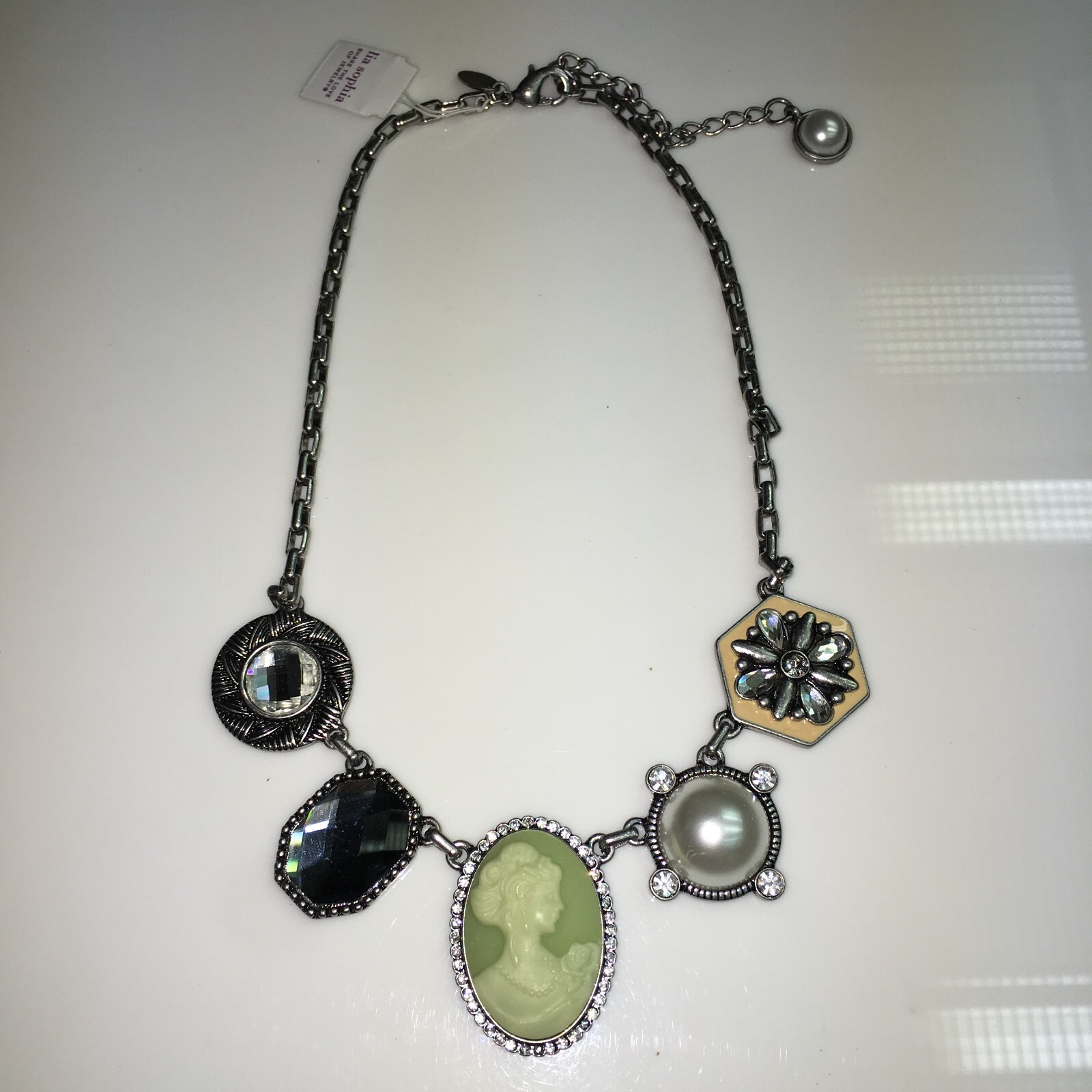 Lia Sophia Nostalgia Cameo, Crystals, Resin,Glass Pearl Charm Statement Necklace