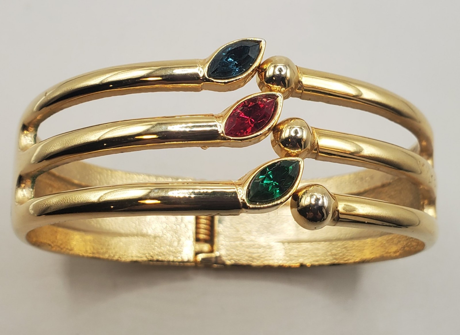 2 Gold Tone Hinged Bracelets: Red Blue Green Rhinestones, CZ Wide Brushed Finish