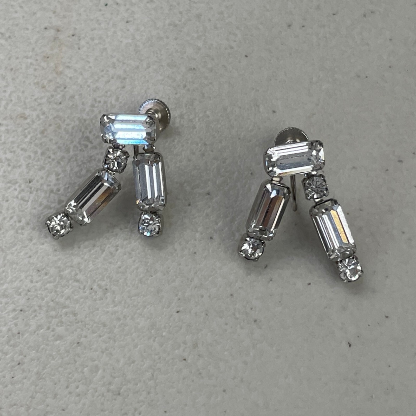 Vintage Earrings Crystal Silver Color Screw Back Dangle Fancy Special Occasion