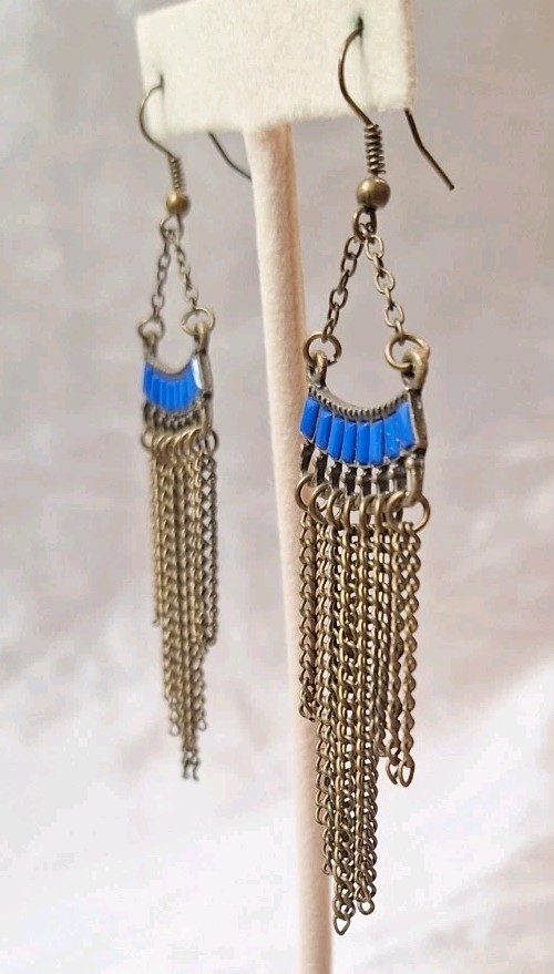 NWOT Boho Drop Dangle Bronzetone Chain Tassel Pierced Earrings Blue Accent 3.5″L