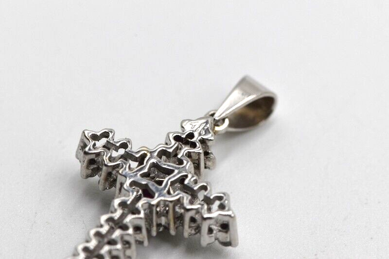 14k White Gold Diamond & Ruby Cross Necklace Pendant Elegant Fine Ladies Charm