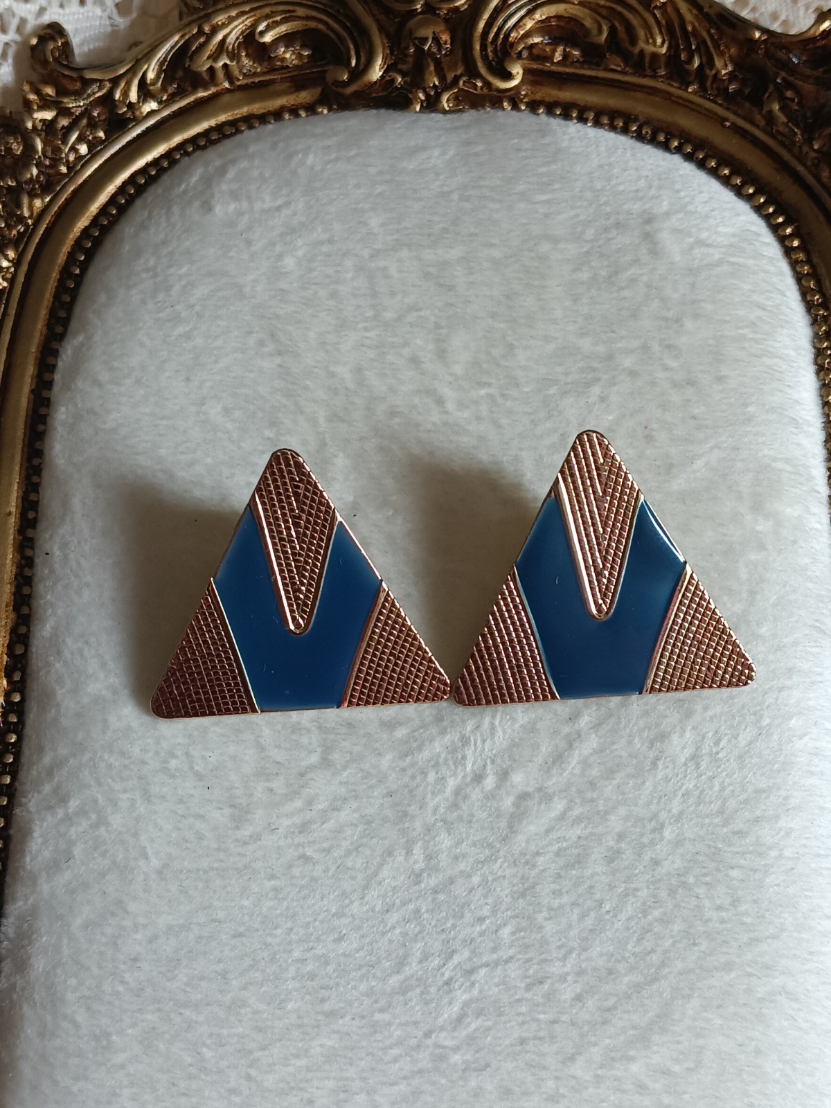 vintage Gold Tone Blue Enamel Triangle Stud Clip-On Earrings Art Deco Pair