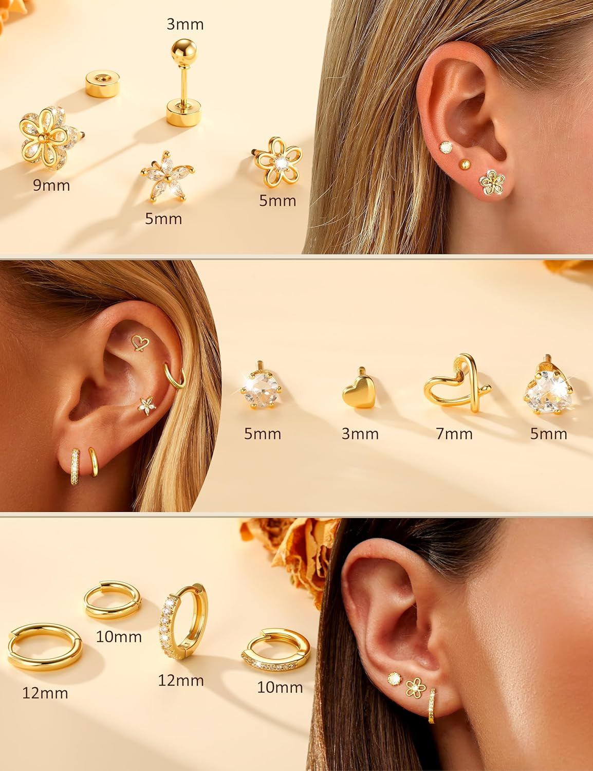 Hypoallergenic Gold Stud Earrings for Women – 14K Gold Plated Surgical Stainless