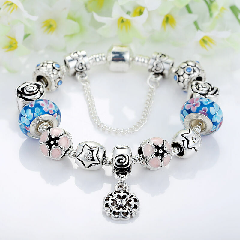 925 SILVER PLATED CHARMS BRACELET W/ FLOWER BEADS / LENGTH 7.5” / AMAZING LOOK!