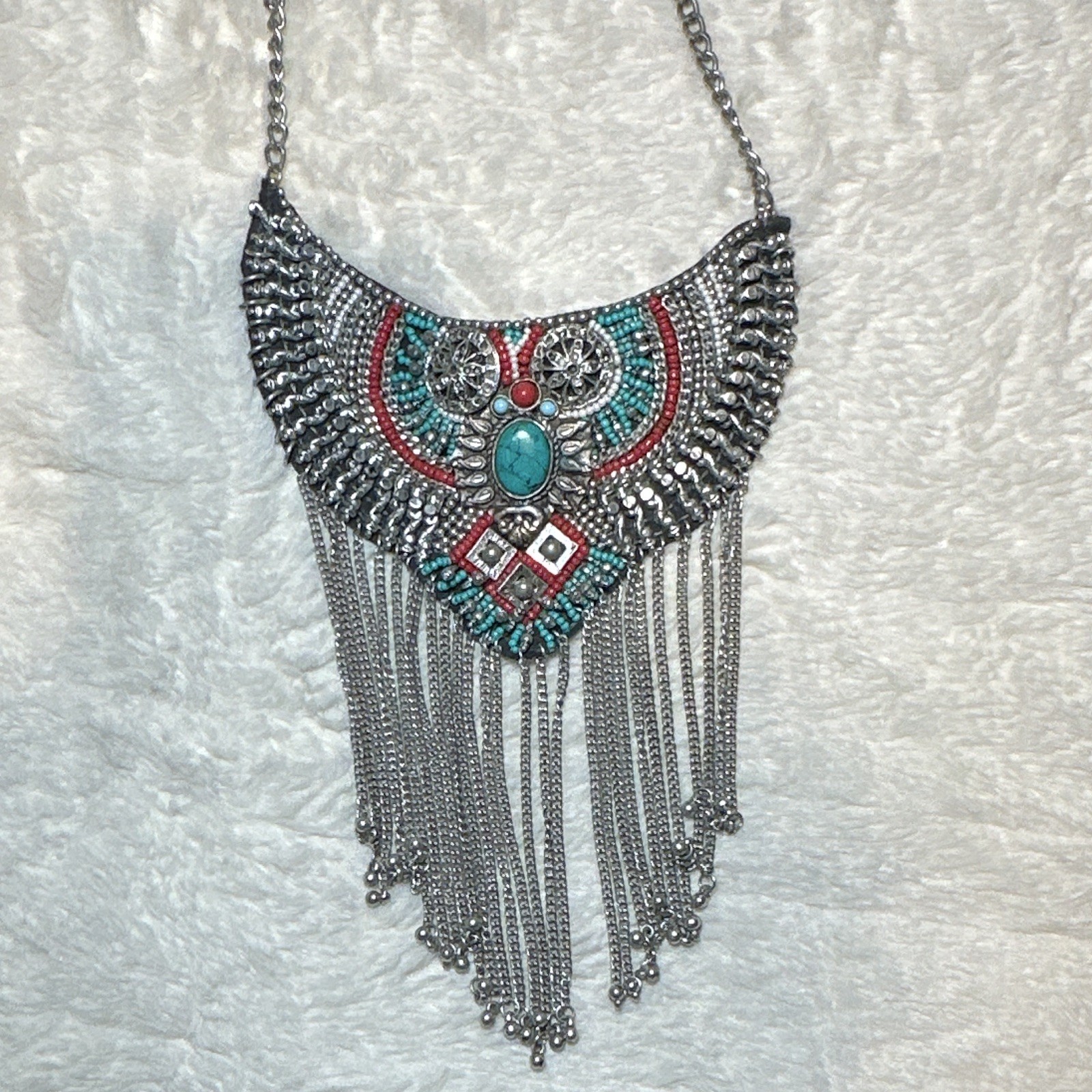 Silver Tone Boho Statement Bib Collar Necklace Turquoise Oval Bezel Fringe