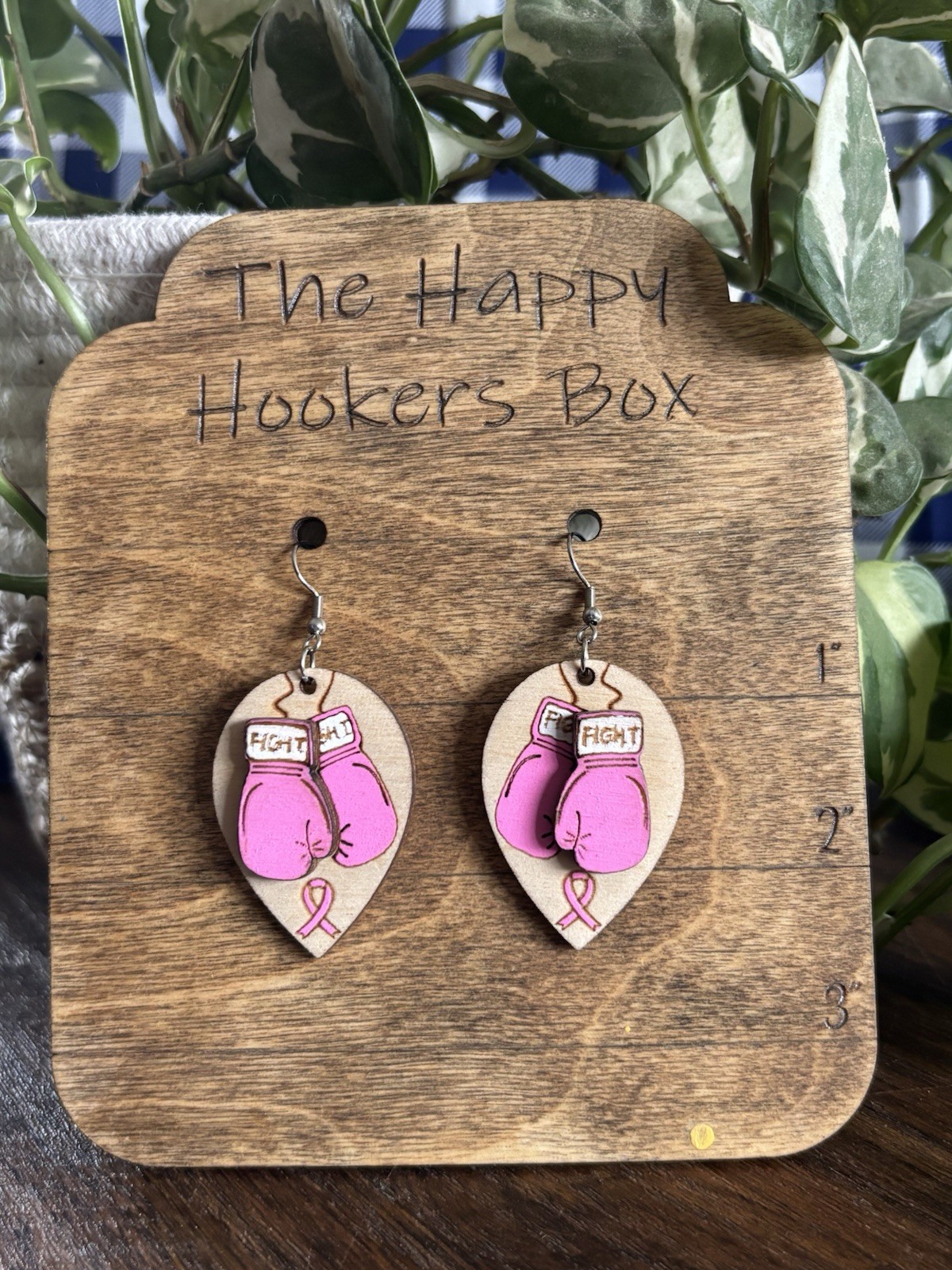 Breast Cancer Awareness Handmade Wooden Earrings, Pink Ribbon, Jewelry Gift Idea