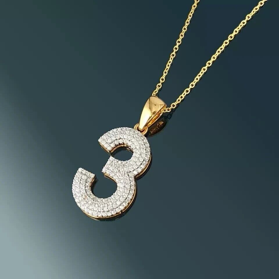 Men’s Customized 3 Number Pendant Round Simulated Diamond 14K Yellow Gold Plated