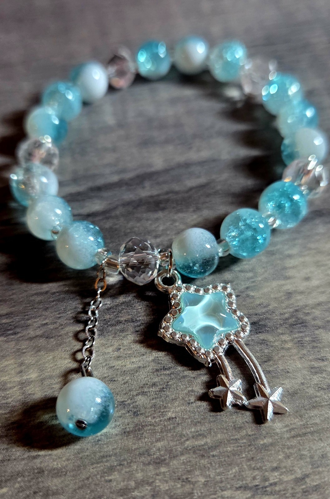 Light Blue Round Crystal Dangle Star Charm Beaded Stretch Bracelet