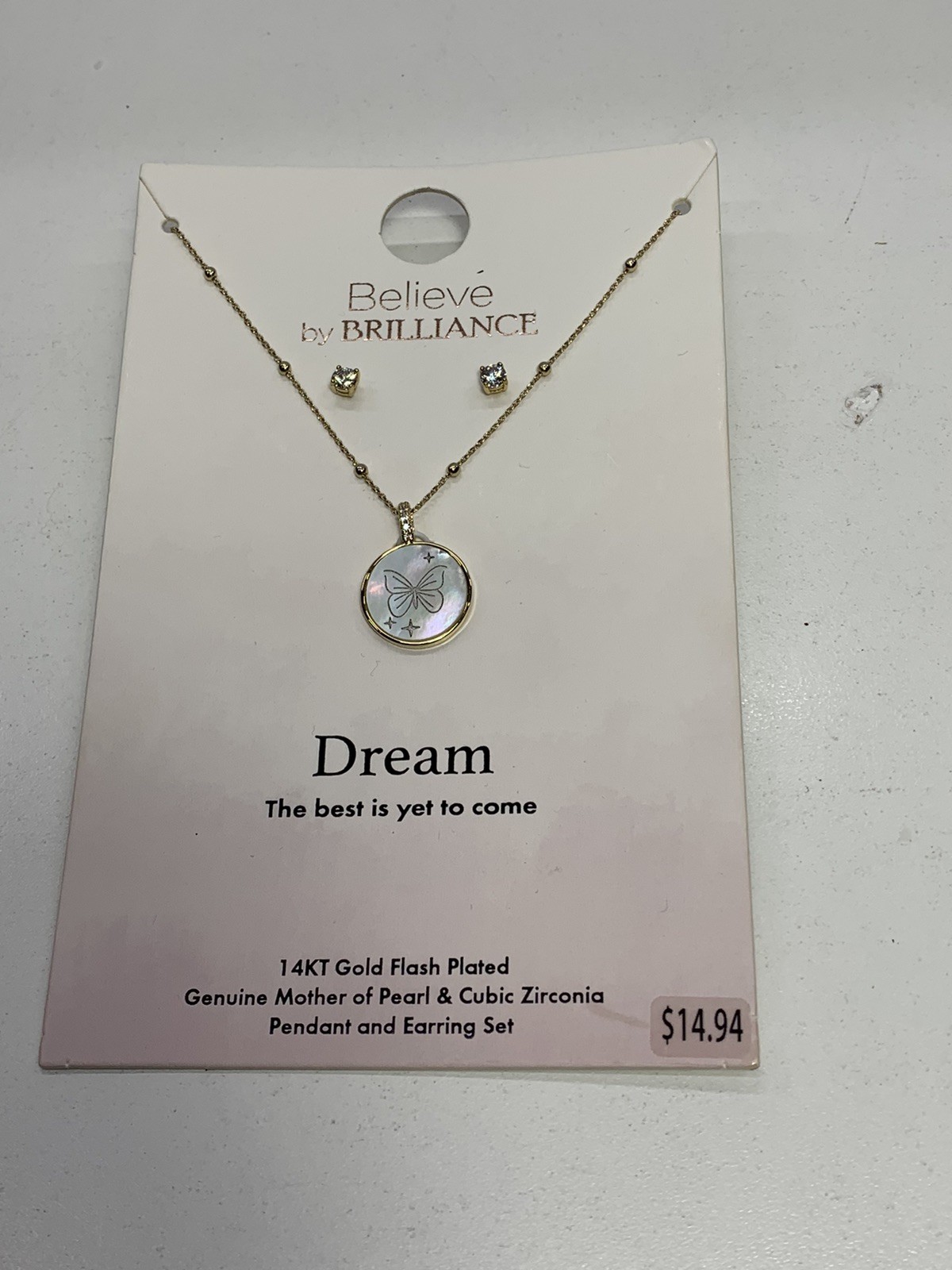 Believe by Brilliance Mother of Pearl Neckless/Earring 14K Gold Flash Plated